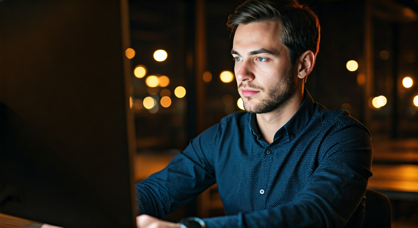 a young entrepreneur reviewing analytics on a big computer monitor late at night, glow of the screen on his face, cinematic